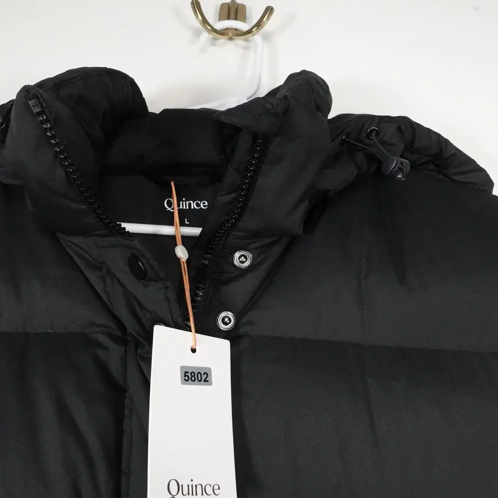 Quince Women's Large Responsible Down Long Puffer Jacket Hooded Black $200 Retro
